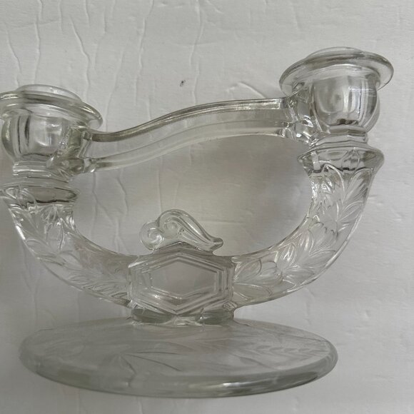 Mid Century Candle holder Crystal candle holder clear glass with Etched flower d - Picture 2 of 6